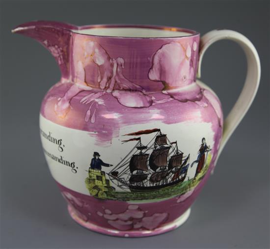 A large Sunderland pink splash lustre decorated jug, early 19th century, height 24cm, hairline cracks